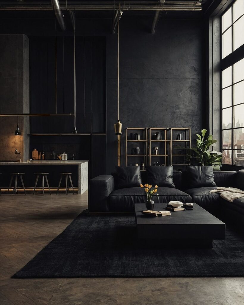 Dark open-plan living room and kitchen with black furniture and brass accents