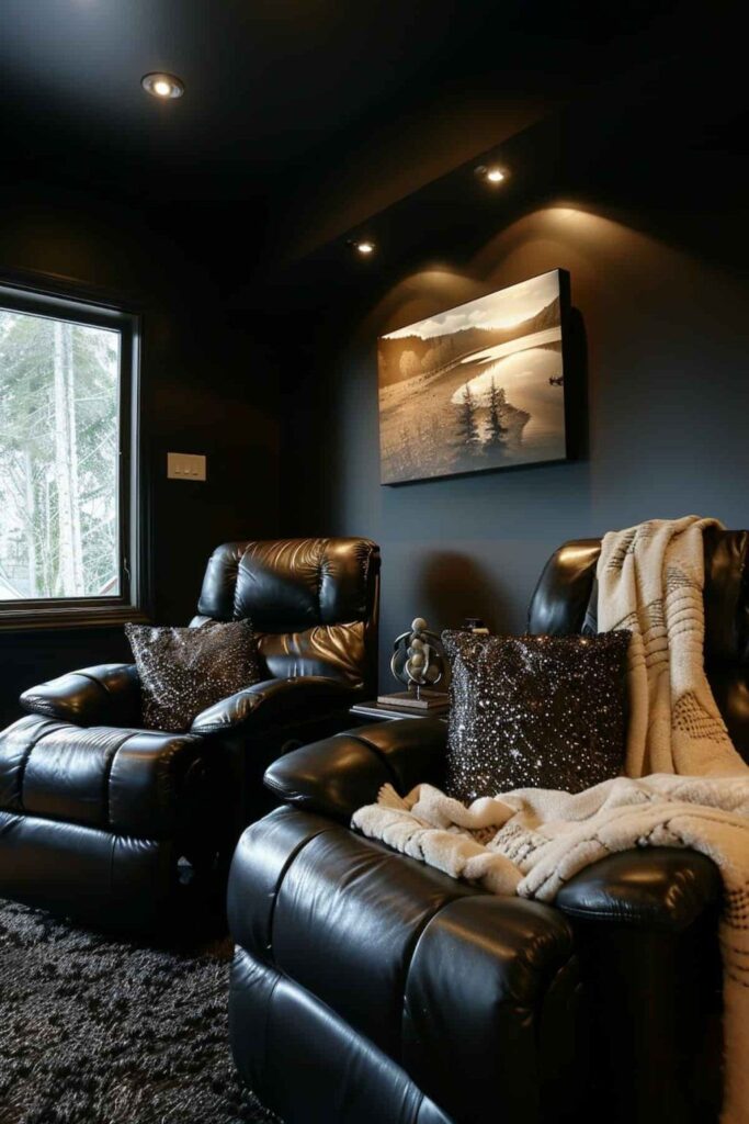 Dark cozy theater room with recliners