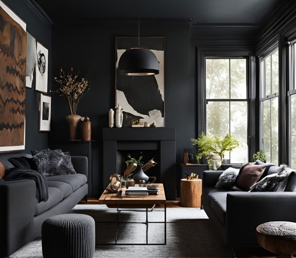 Dark living room with cozy sofas and natural light