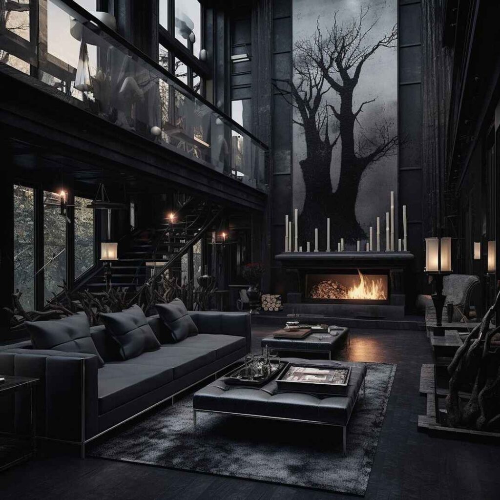 Dark living room with forest mural and glowing fireplace