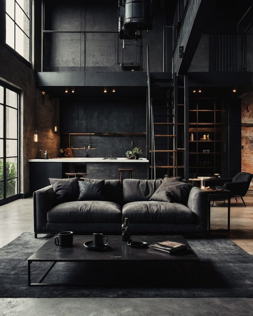 Dark loft living room with high ceilings and industrial details.