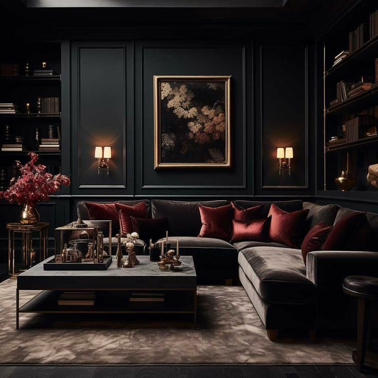 Elegant dark living room with red accents