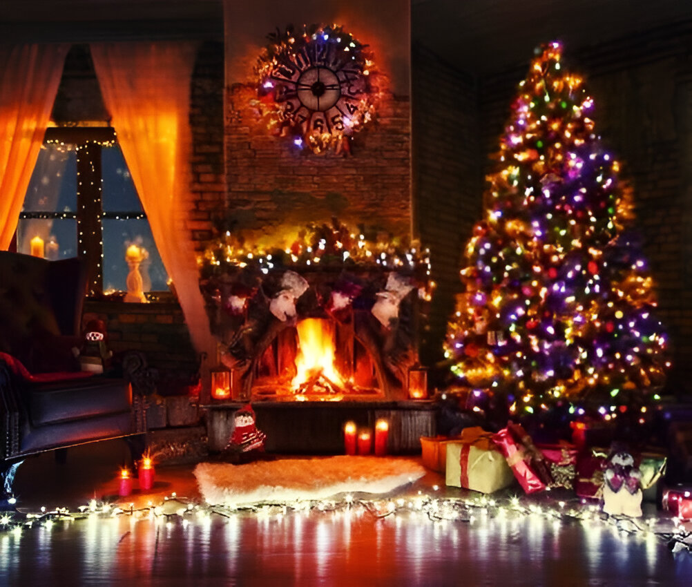 Cozy brick fireplace corner with glowing Christmas tree and window lights