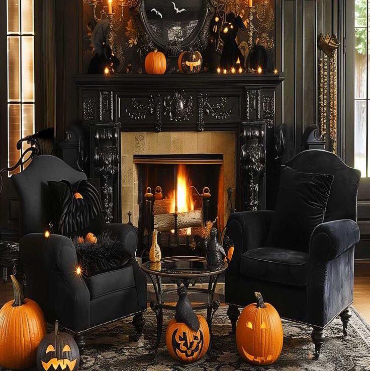 Gothic Halloween living room with black decor and lit pumpkins