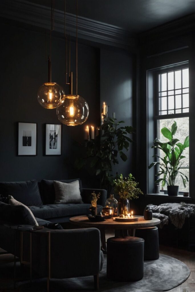 Moody dark living room with glowing lights