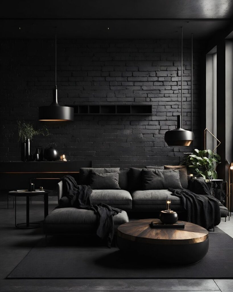 Stylish black living room with textured walls and modern furniture