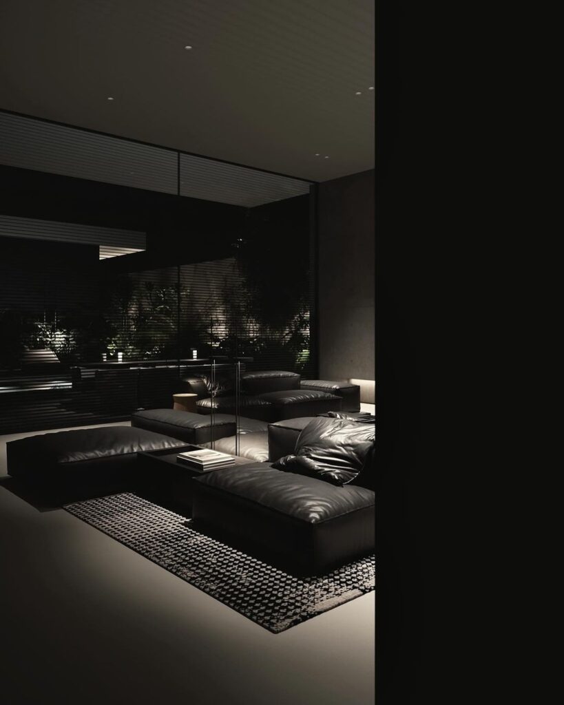 Dark moody living room with backlit plants outside