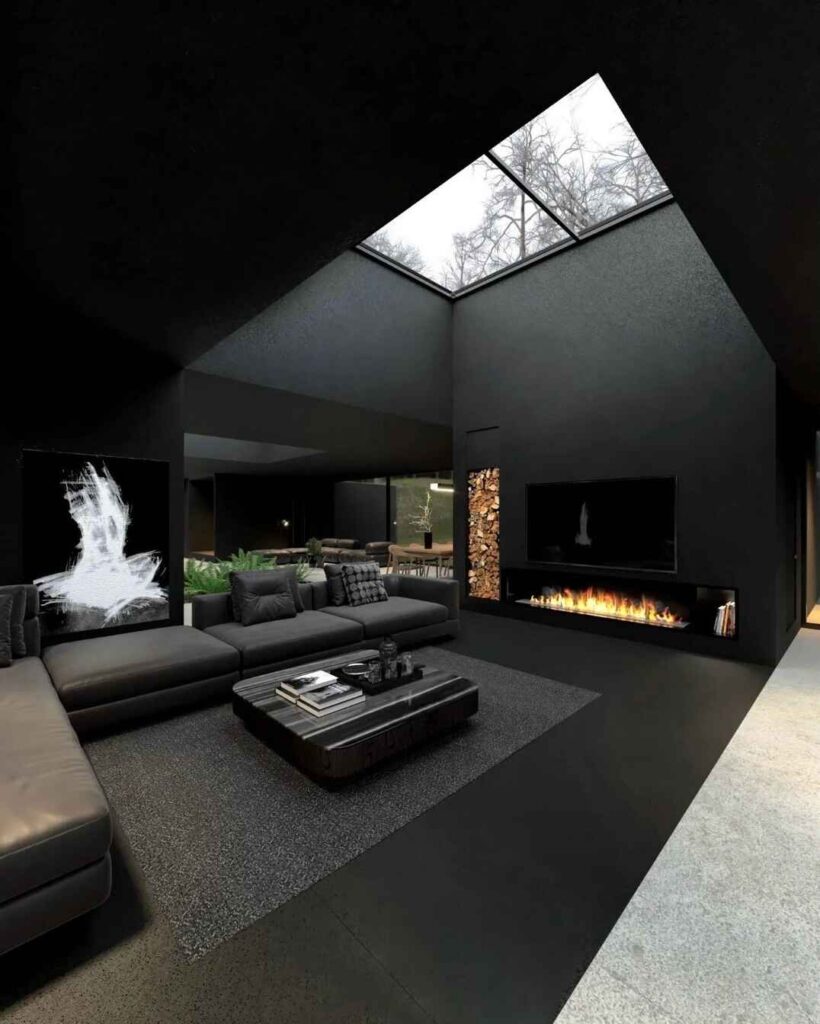 Modern black living room with skylight and fireplace.