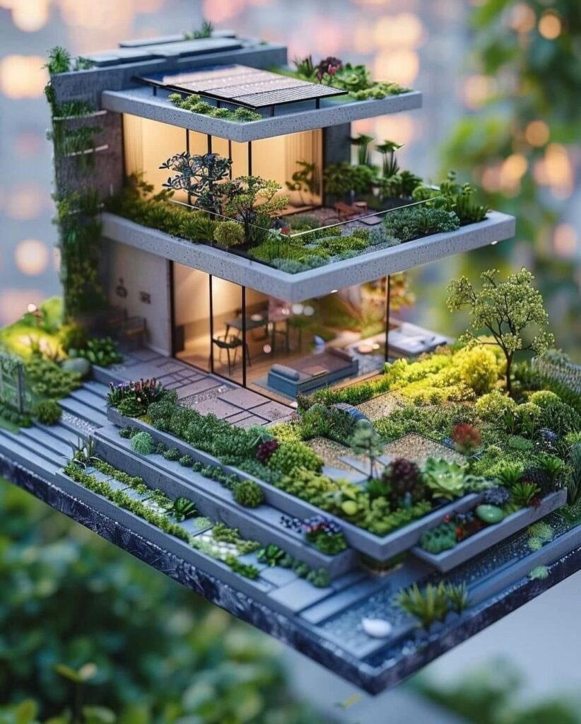 Multi-level miniature house with greenhouse terraces