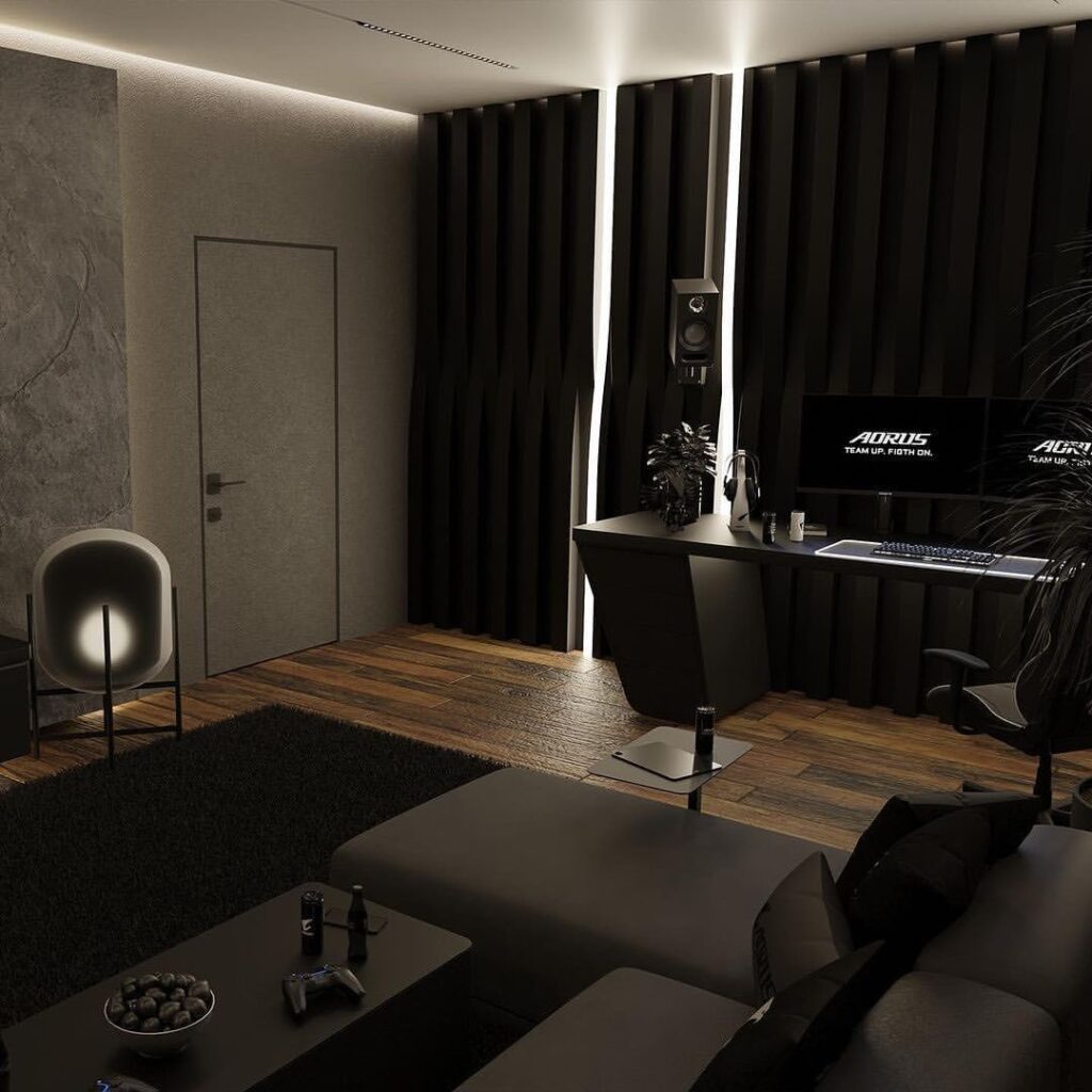 Stylish dark gaming room with mood lighting