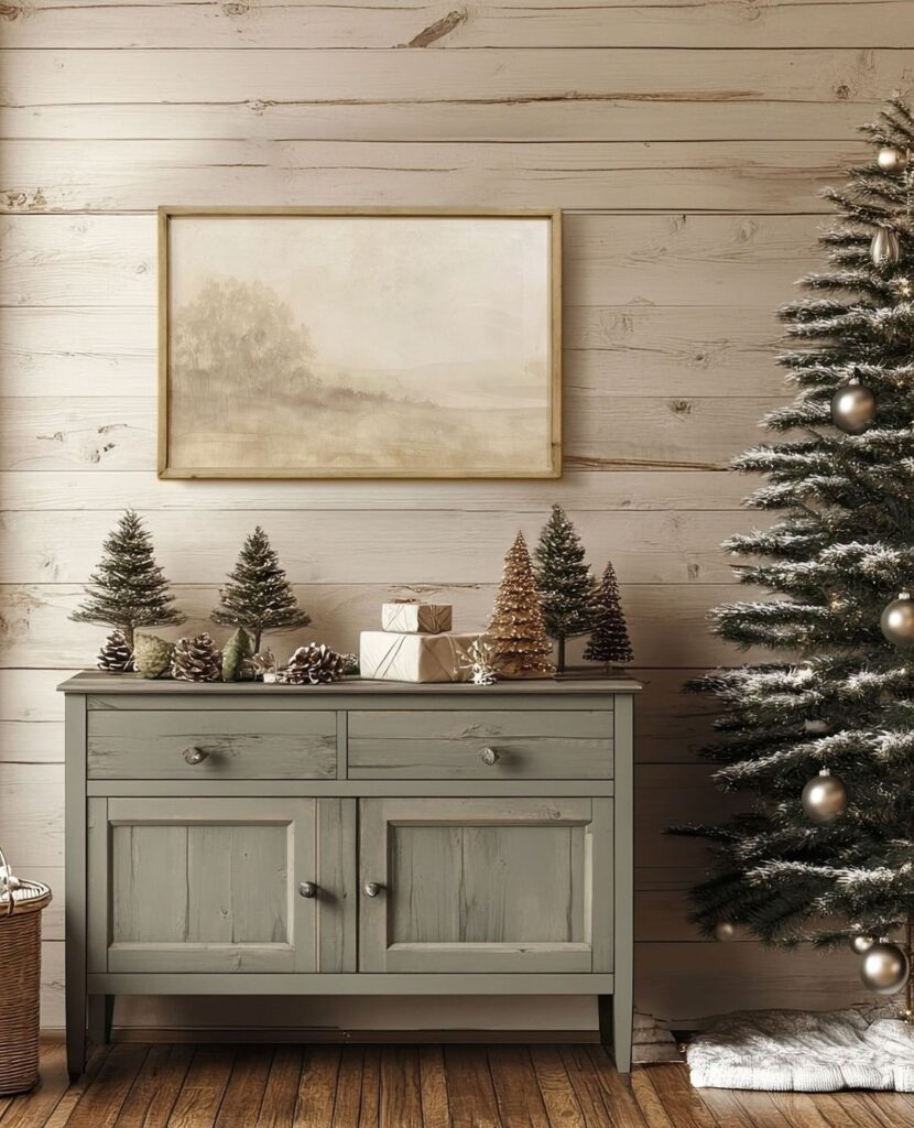 "Modern gray sideboard with minimal Christmas decor and evergreens"