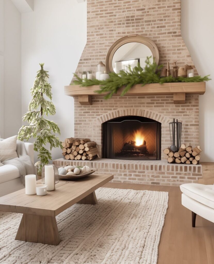 "Cozy modern farmhouse fireplace with minimalist Christmas decor"