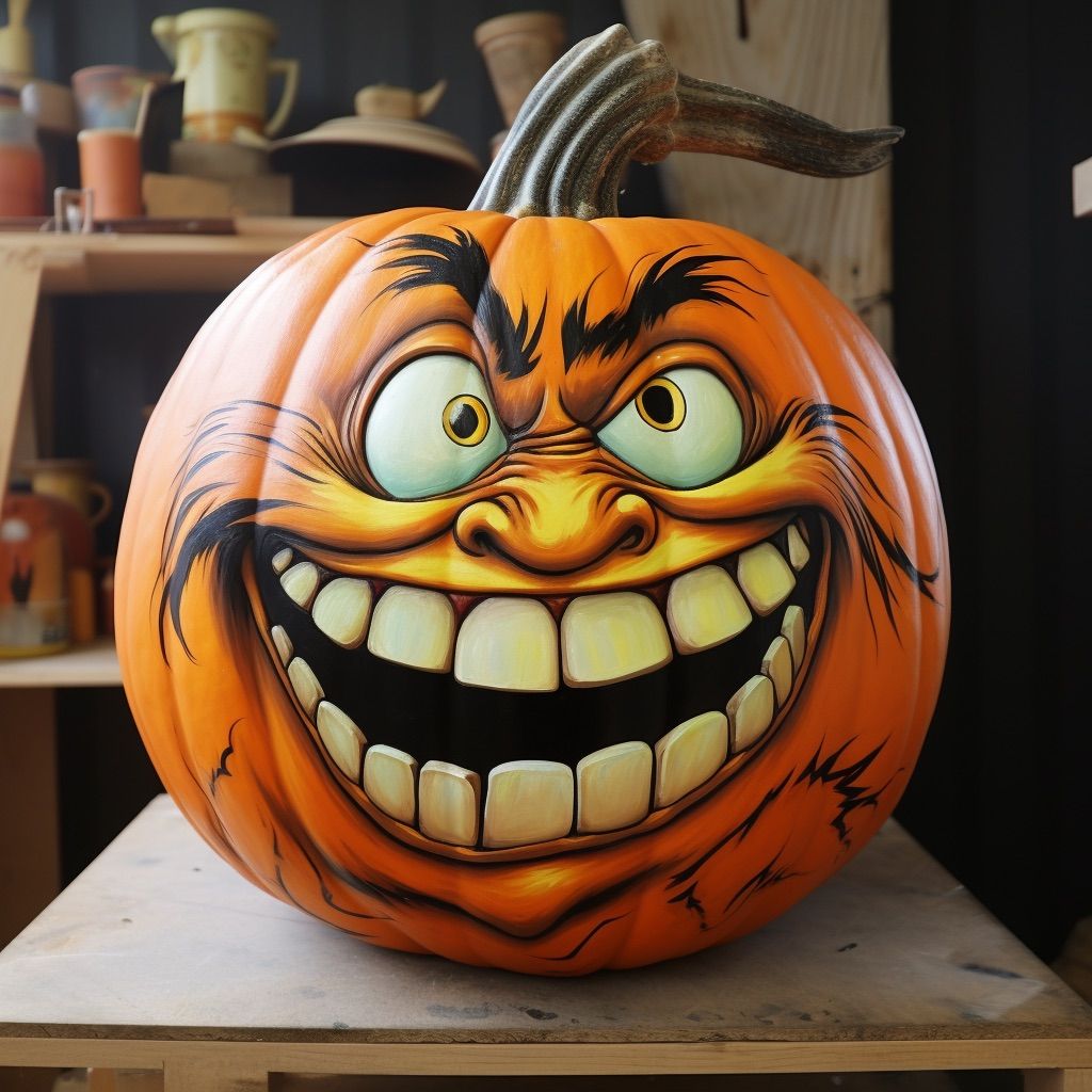 Pumpkin painted with grinning cartoon face and big teeth.