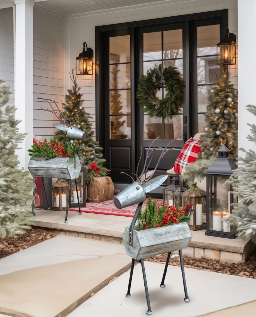 Rustic metal reindeer planters and lit trees on modern porch