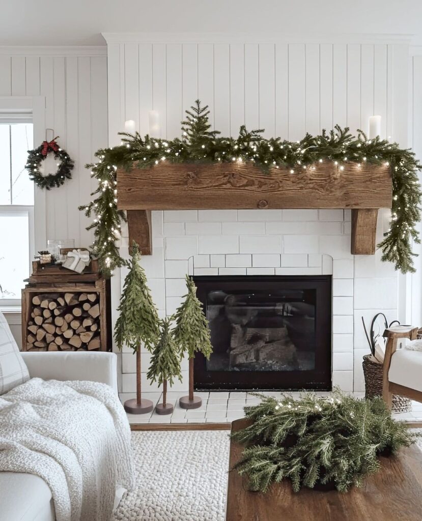 Rustic wooden mantel with lit garland and minimalist Christmas decor