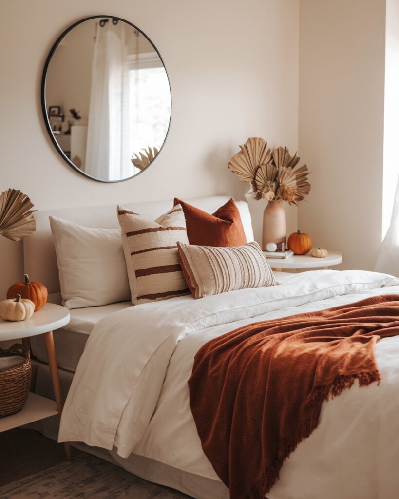 "Cozy bedroom with rust accents and autumn decor"