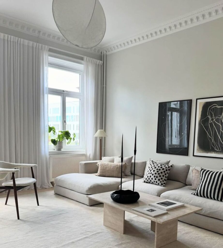 Bright minimalist living room with white sofa and monochrome decor.