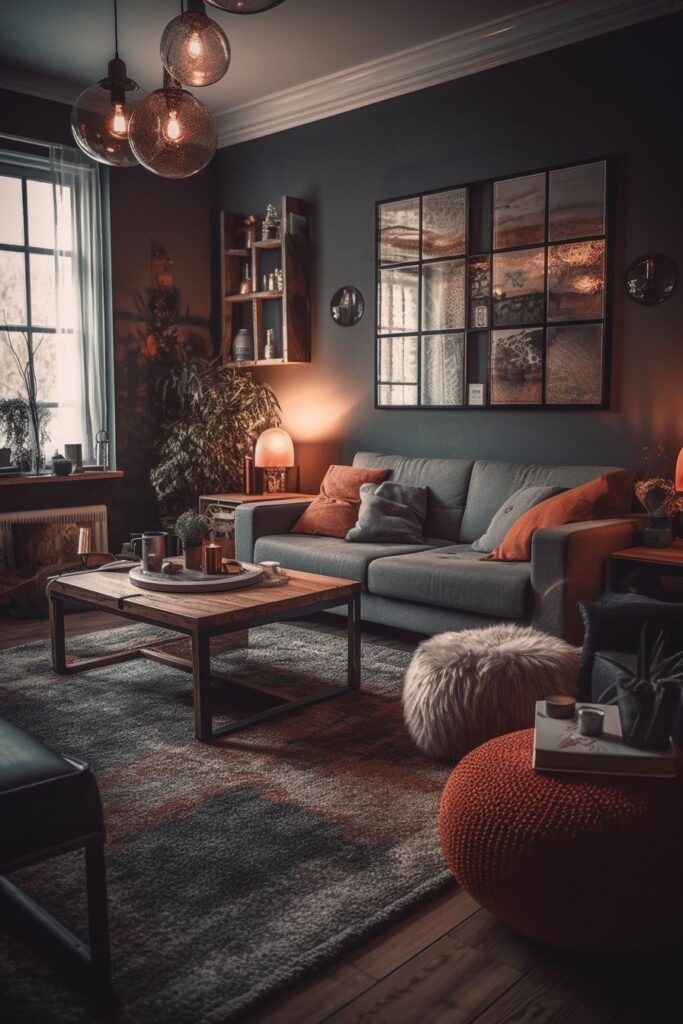 Cozy dark living room warm lighting accents