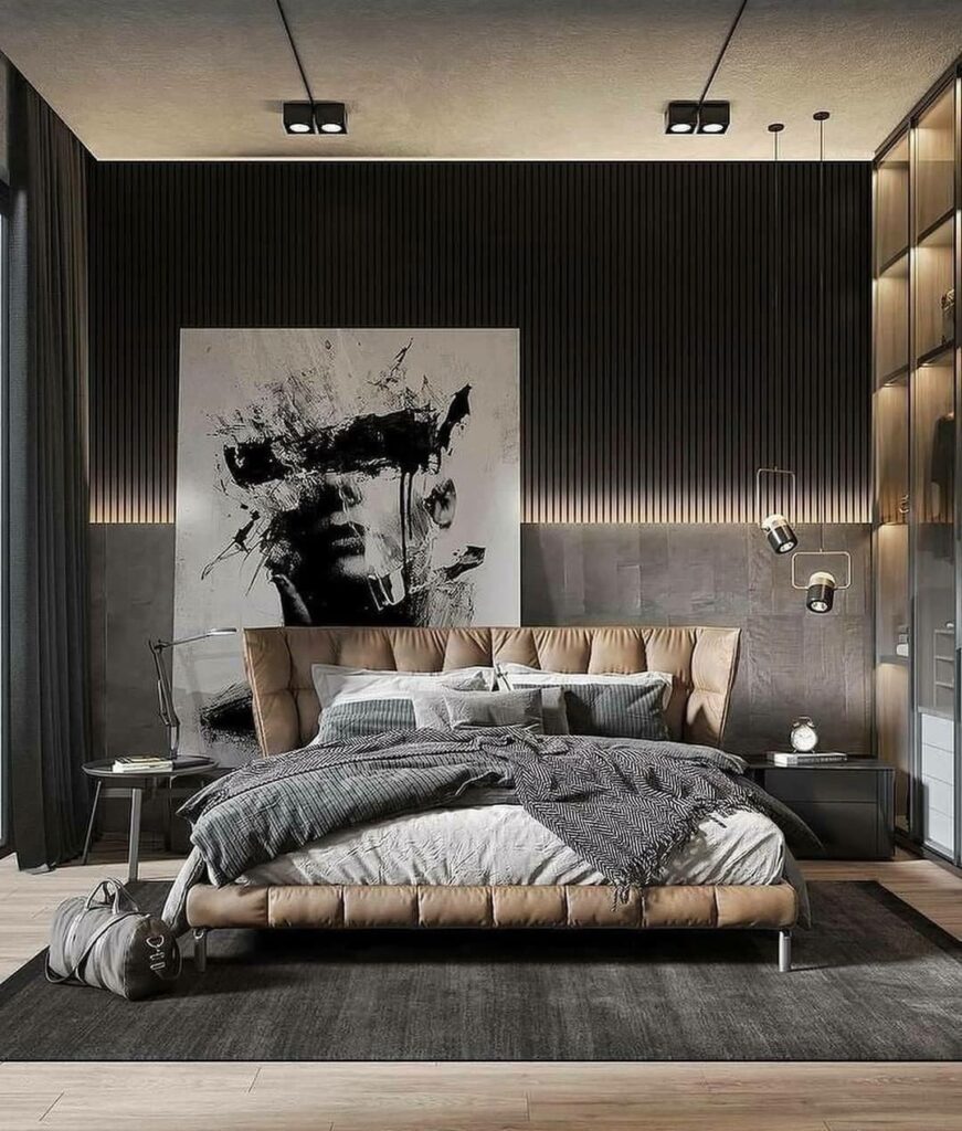 Sleek modern bedroom with black walls, tan bed, and dramatic monochrome artwork.