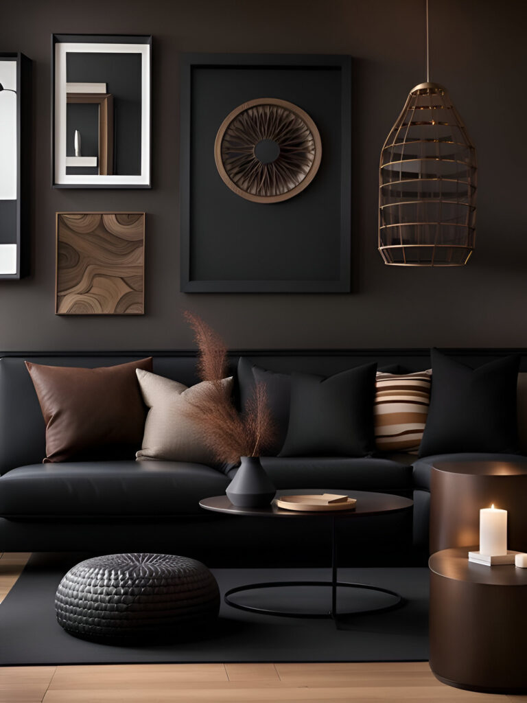 Dark living room with black sofa and artistic decor