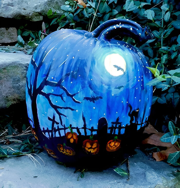 Blue pumpkin painted with nighttime graveyard scene and glowing moon.