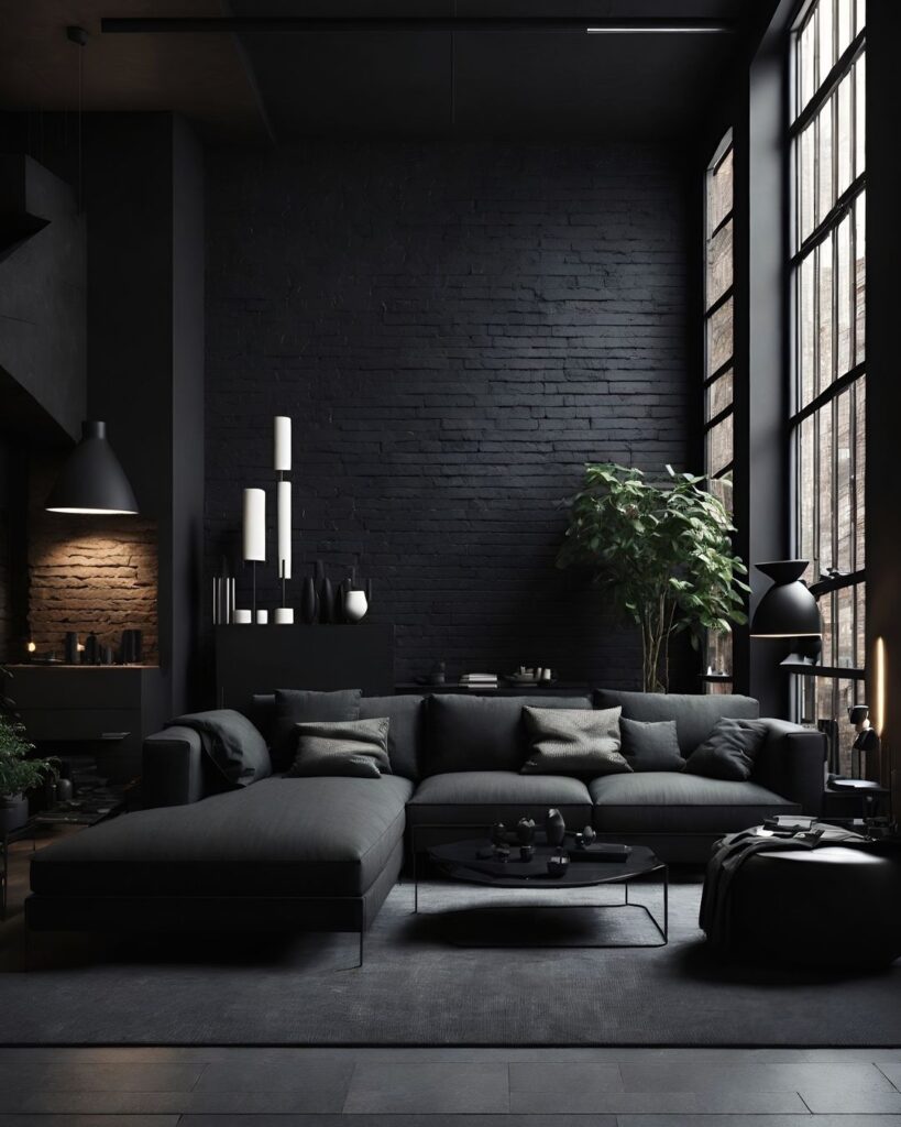 Dark modern living room with plant and large windows