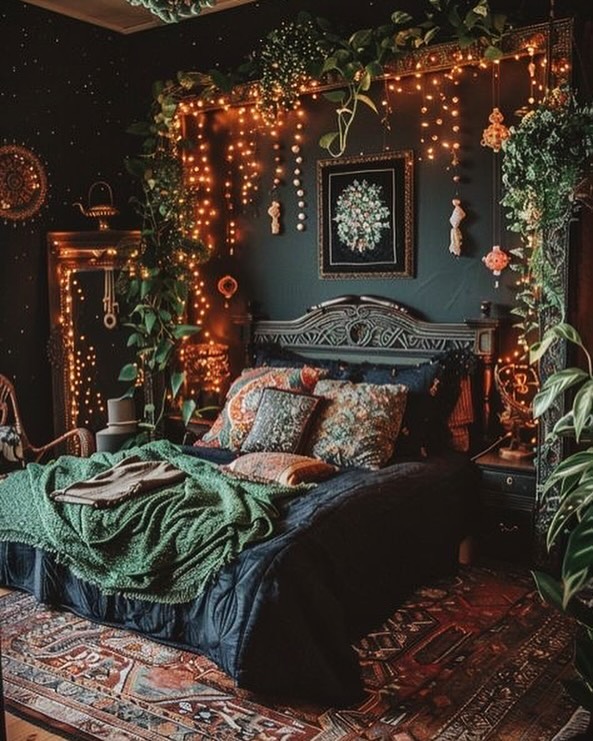 Enchanted dark bedroom with plants and lights