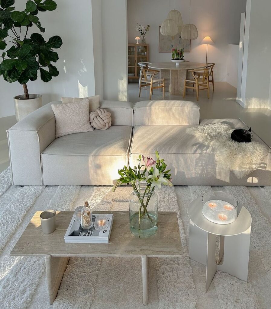 Sunny living room with white sofa plants and flowers