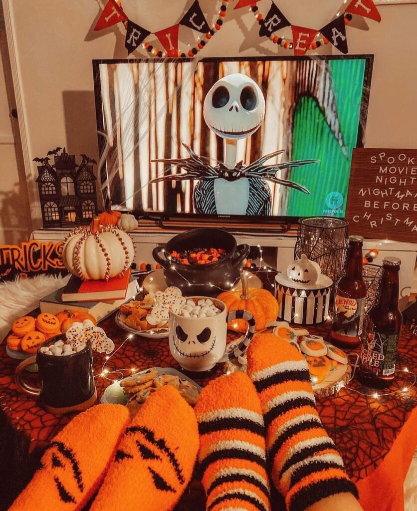 Halloween movie night setup featuring Nightmare Before Christmas theme