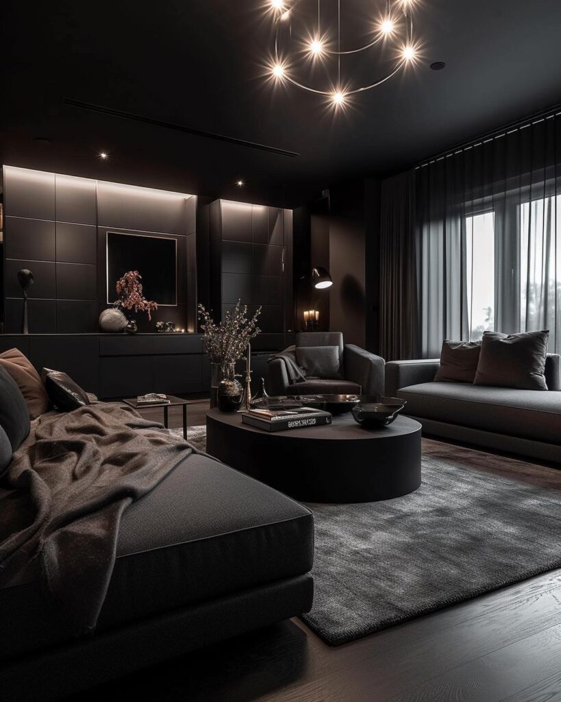 Dark elegant living room with starlight chandelier and plush sofas