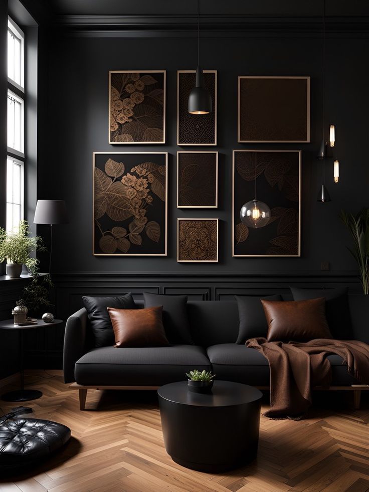 Dark living room with botanical art and black furniture