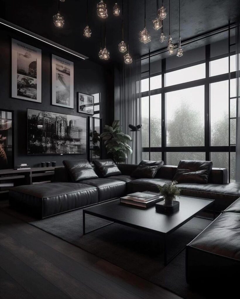 Dark living room with leather sofa glass lights and large windows