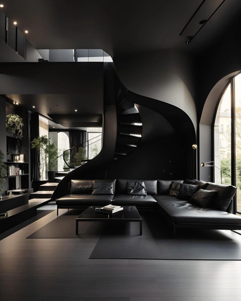 Dark modern living room with curved staircase and leather sofa.