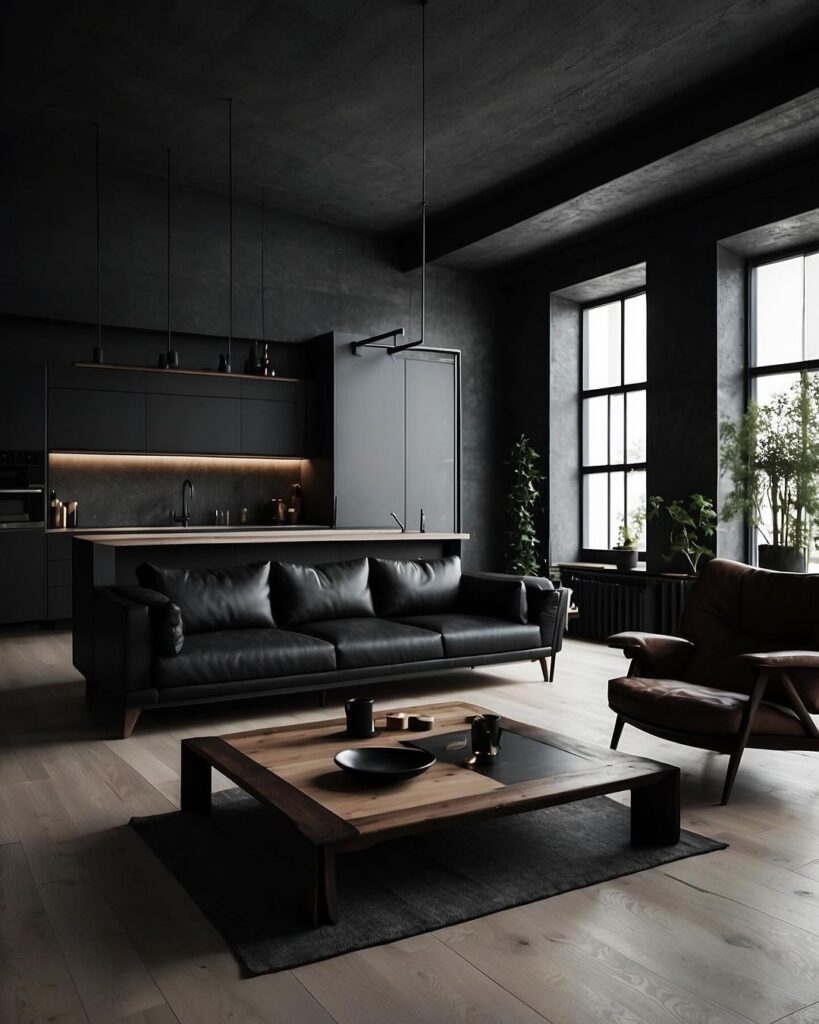 Moody black living room with leather sofa and open kitchen