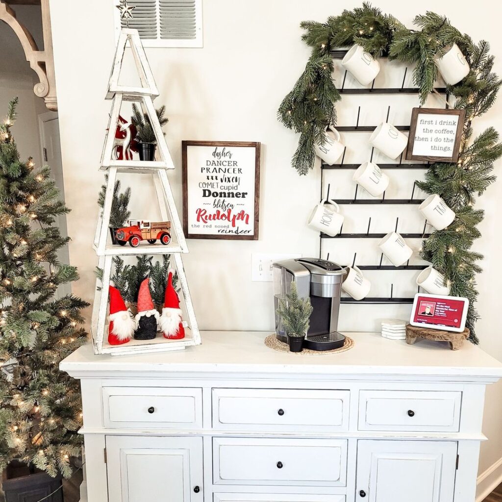 Christmas coffee bar with triangle shelf gnome display and mug rack garland