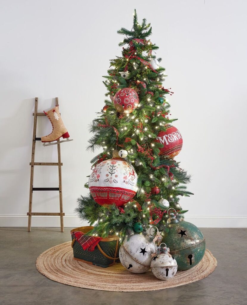 Christmas tree with oversized Nordic ornaments and rustic bells