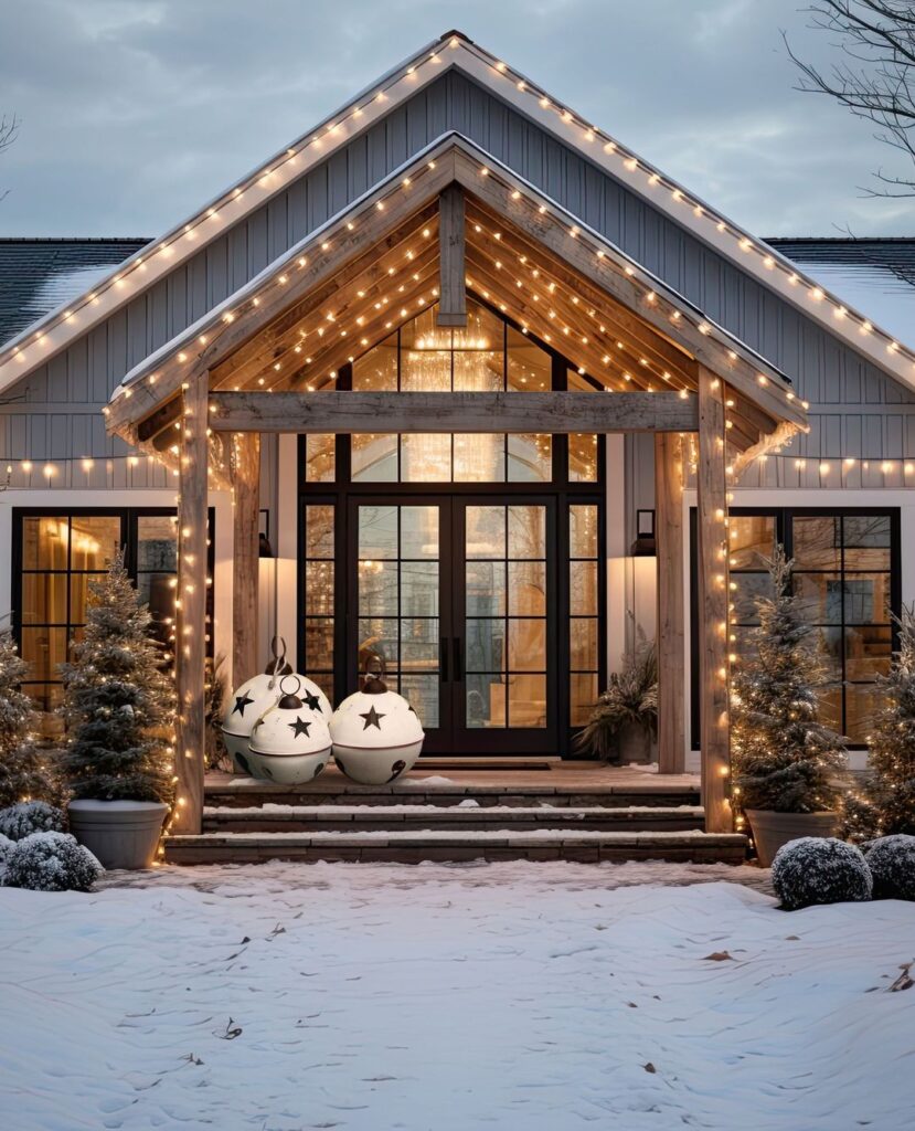 Snow-covered modern farmhouse entrance with giant bell decorations and twinkle lights