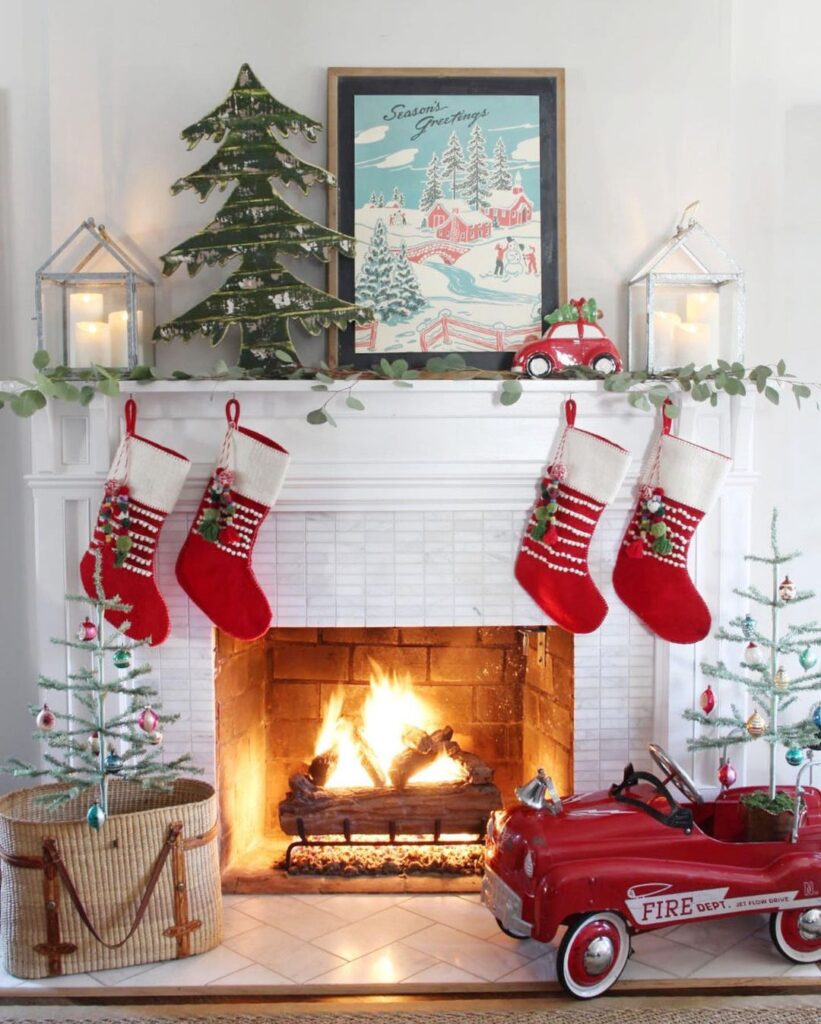 "Retro inspired Christmas mantel with vintage stockings and toy fire truck"