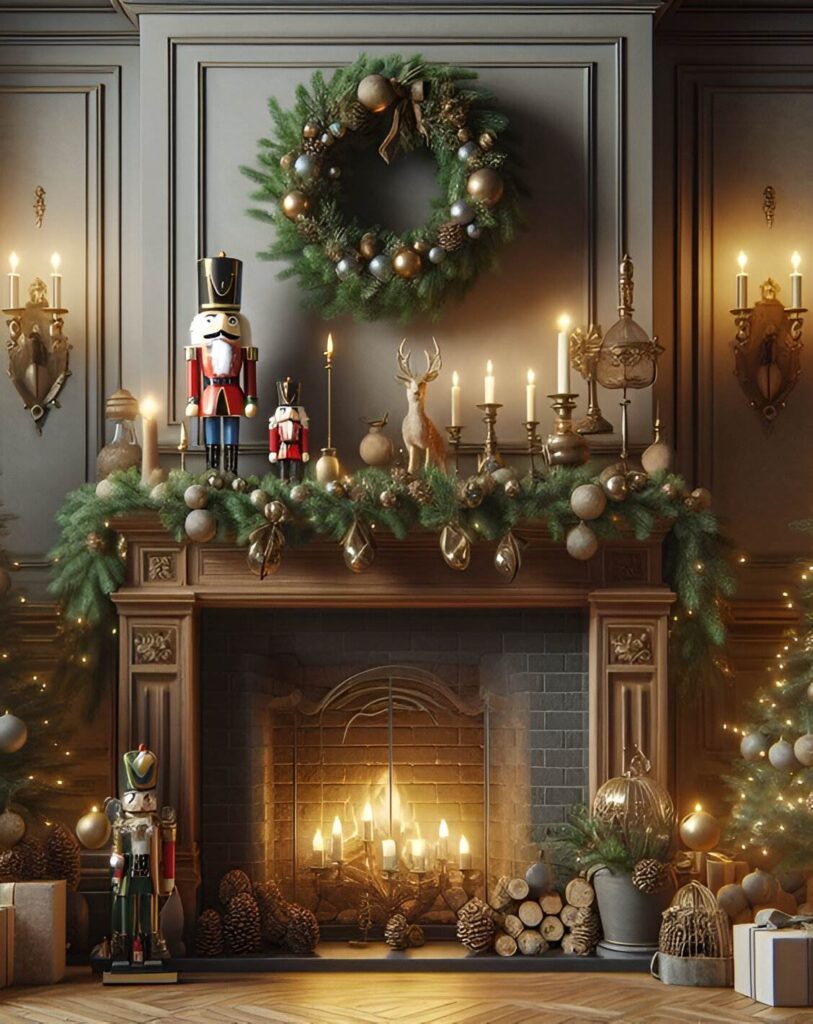 "Elegant fireplace with nutcrackers wreath and gold ornament garland"