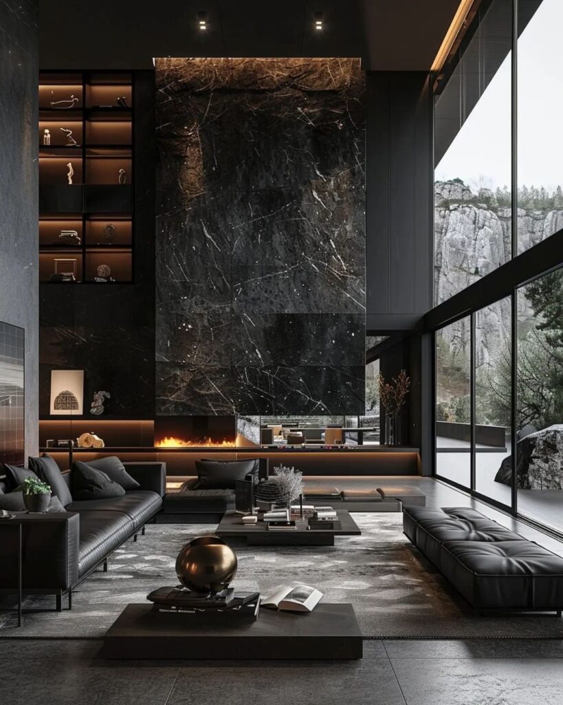 Luxury black living room with marble walls, fireplace, and mountain views.