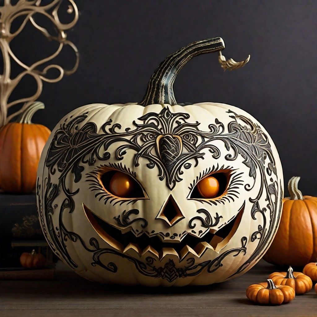 Intricately carved white pumpkin with sugar skull design.