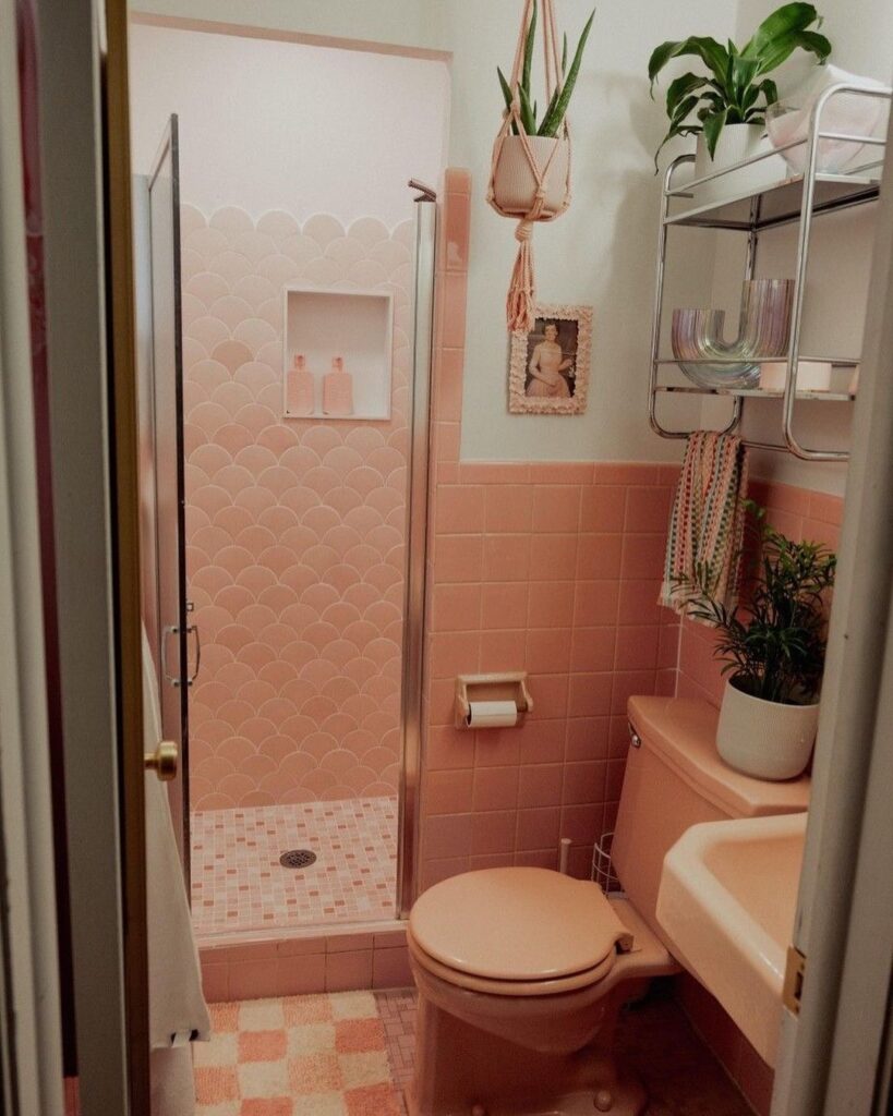 Small pink bathroom with retro tiles and hanging plants