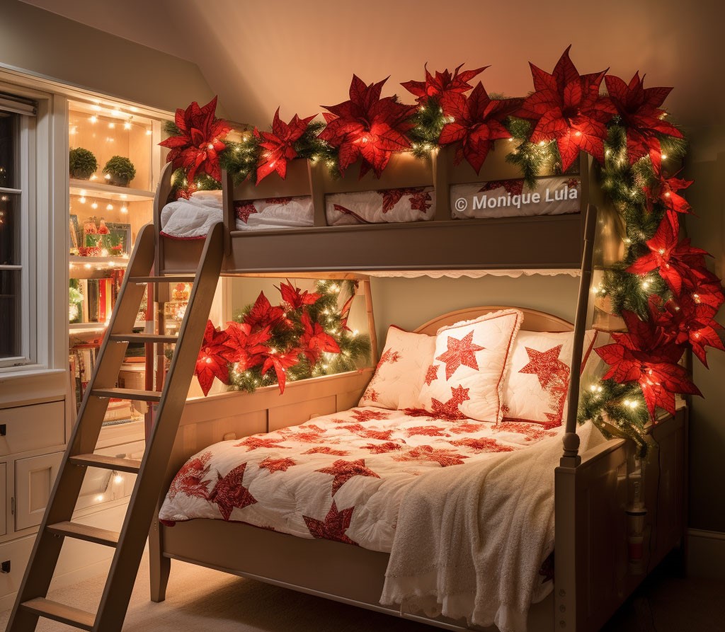 Bunk bed decorated with poinsettias and Christmas lights