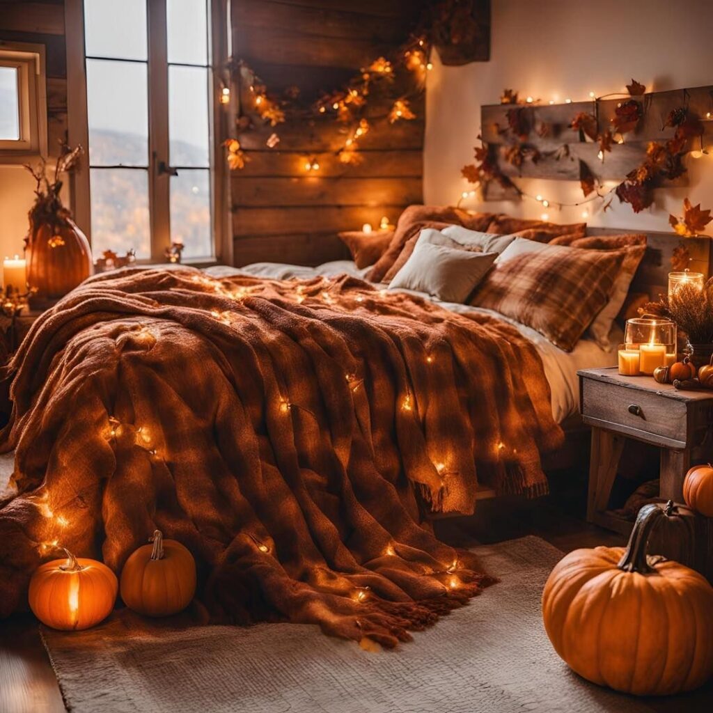 Cozy fall bedroom with pumpkins and warm lighting