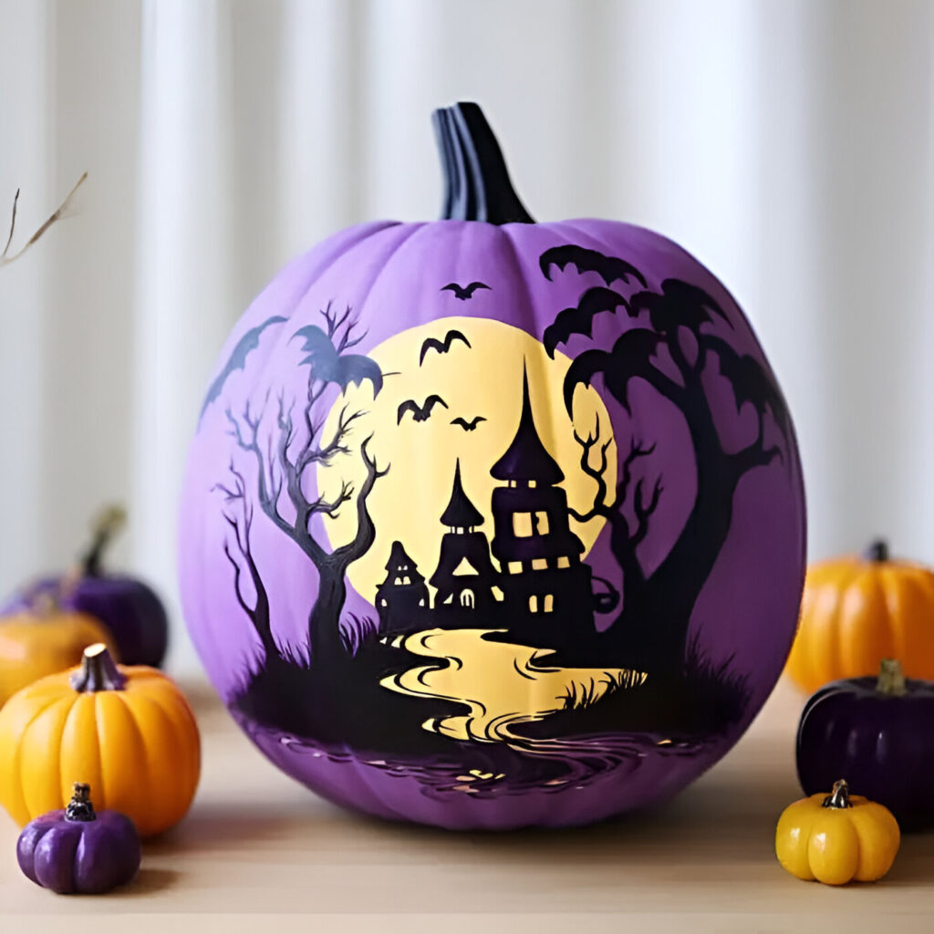 Purple pumpkin painted with haunted castle and moonlit scene.
