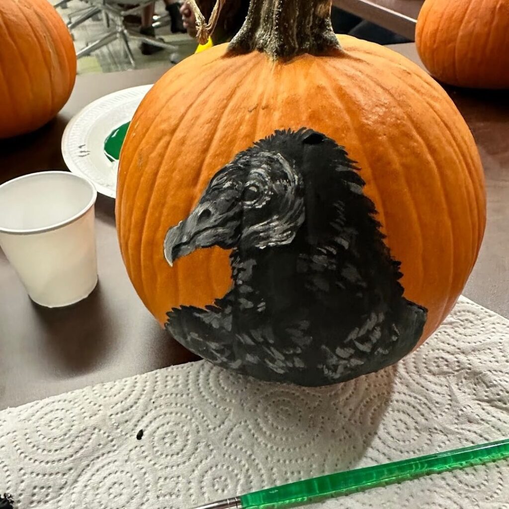 Pumpkin painted with realistic black raven portrait on orange surface.