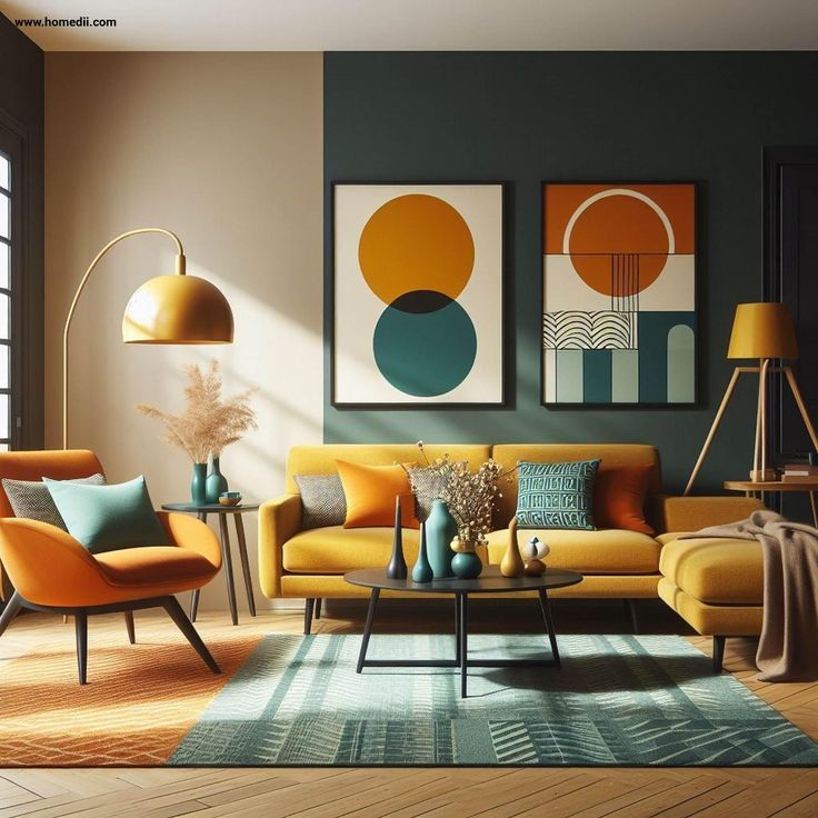 Colorful mid-century living room with yellow sofa and geometric art