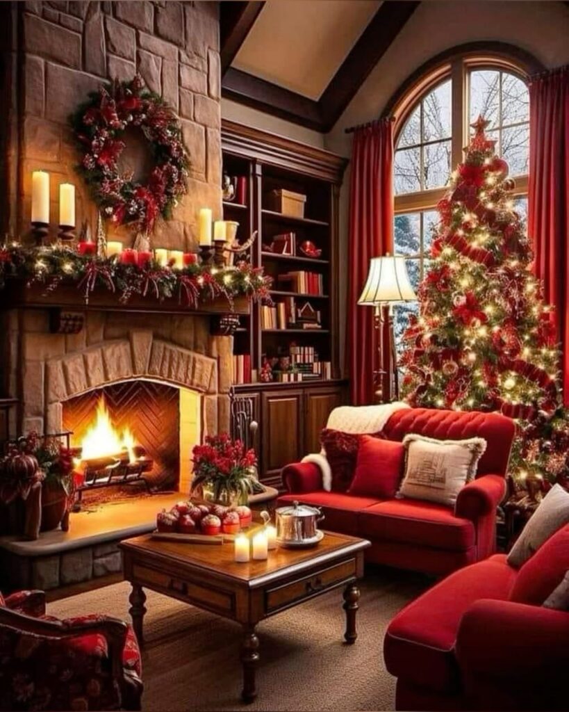 Crimson Christmas room with stone fireplace and candlelit mantel decorations