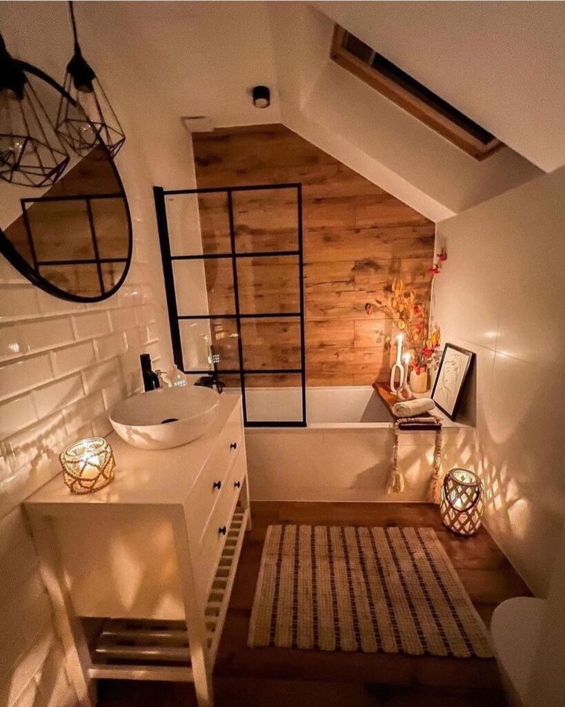 Cozy attic bathroom with warm lighting