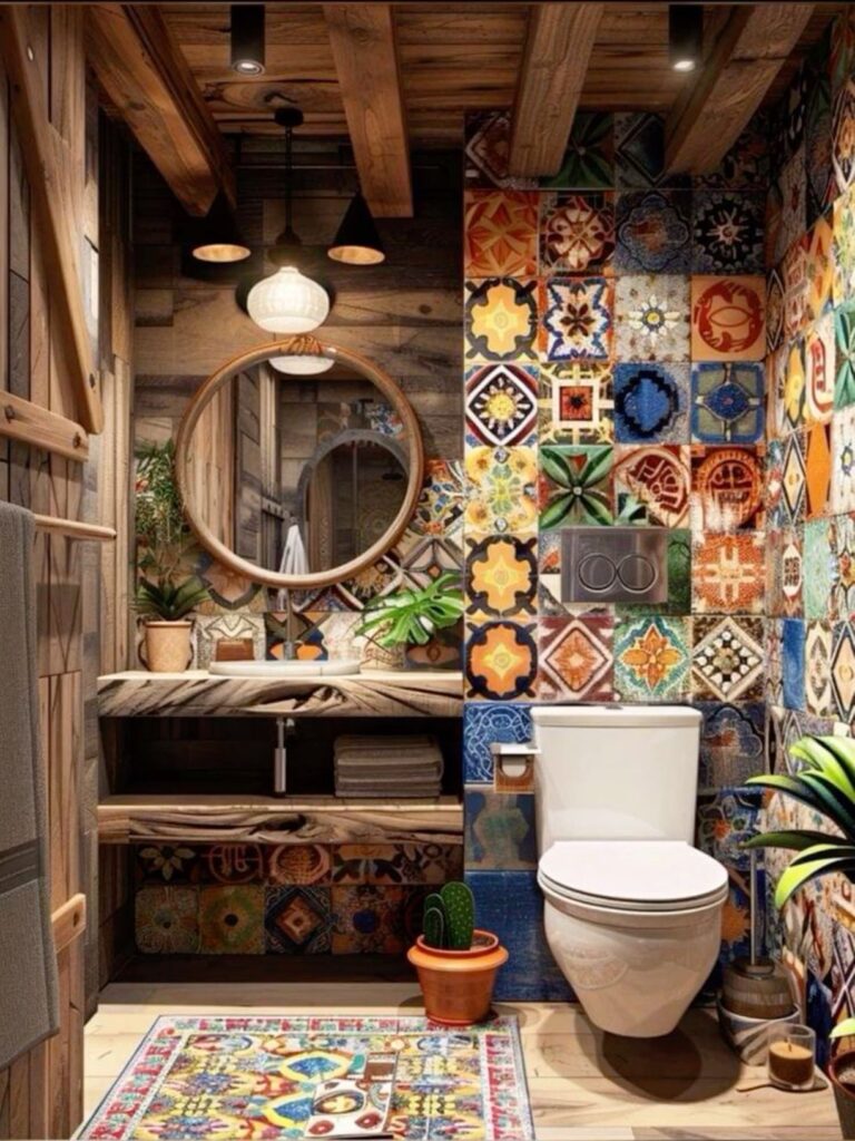 Colorful tiled bathroom with wooden accents and bohemian decor